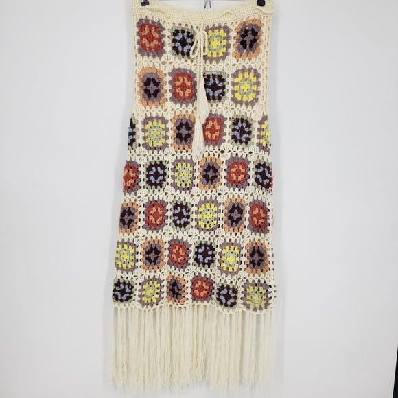 POL Crochet Square Knit Maxi Skirt Size L Tassel Fringe Boho Grandma Core Cream - Picture 2 of 11